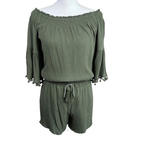RAGA Romper Off The Shoulder Bell Sleeve Tassels Green Viscose Women's Size M - Picture 3 of 11